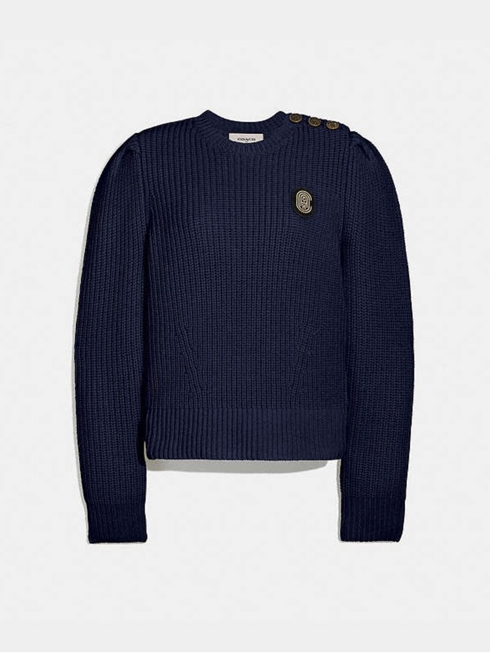 Coach Navy Ribbed Knit Crewneck Sweater with Gold-Tone Buttons